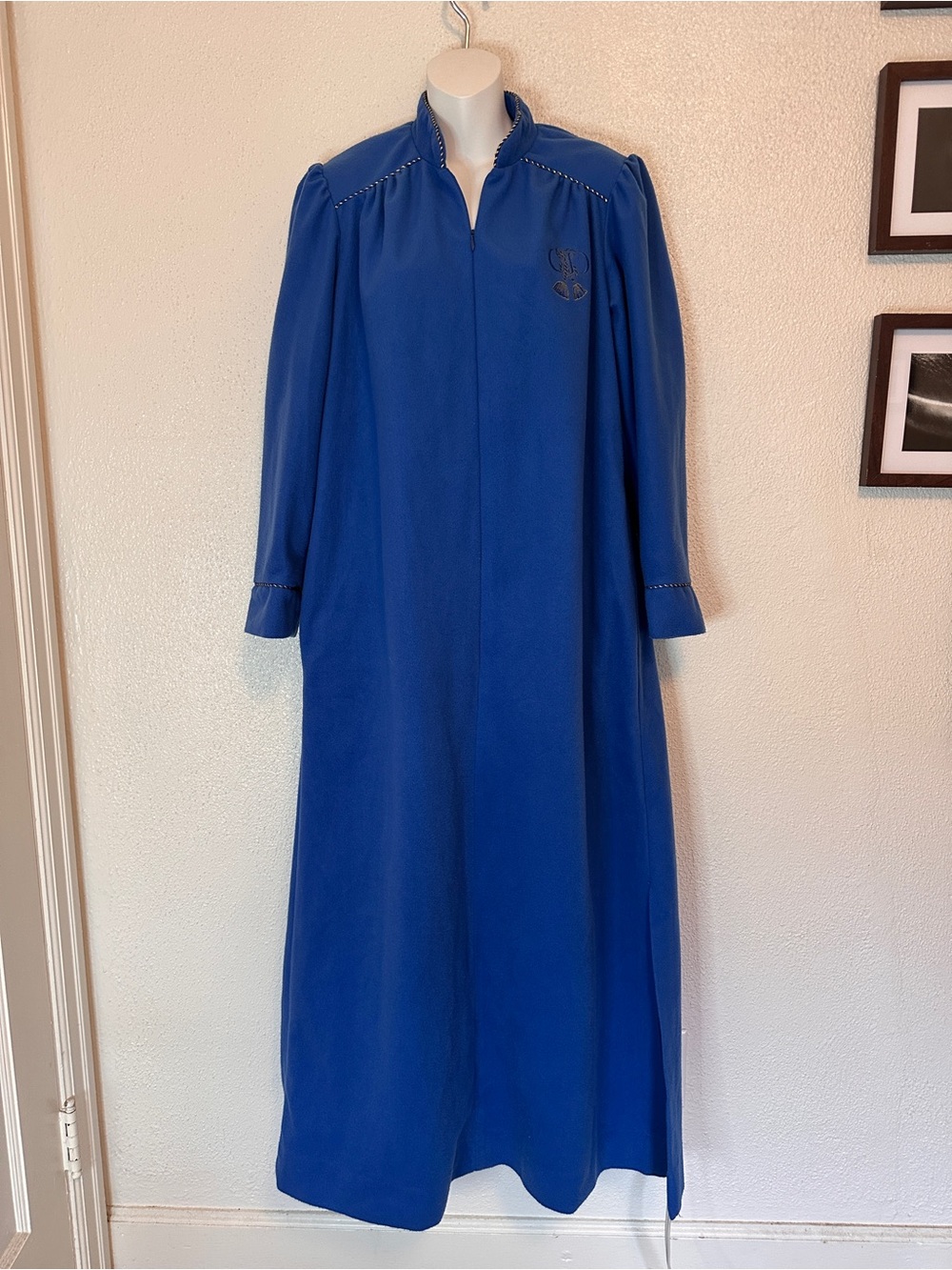 Vintage Christian Dior Royal Blue Flannel Zip Maxi Robe House Dress Nightgown